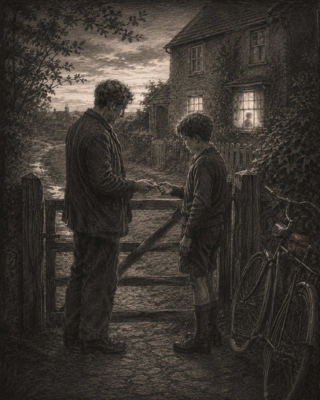 A charcoal illustration of an instrument-maker's workshop.