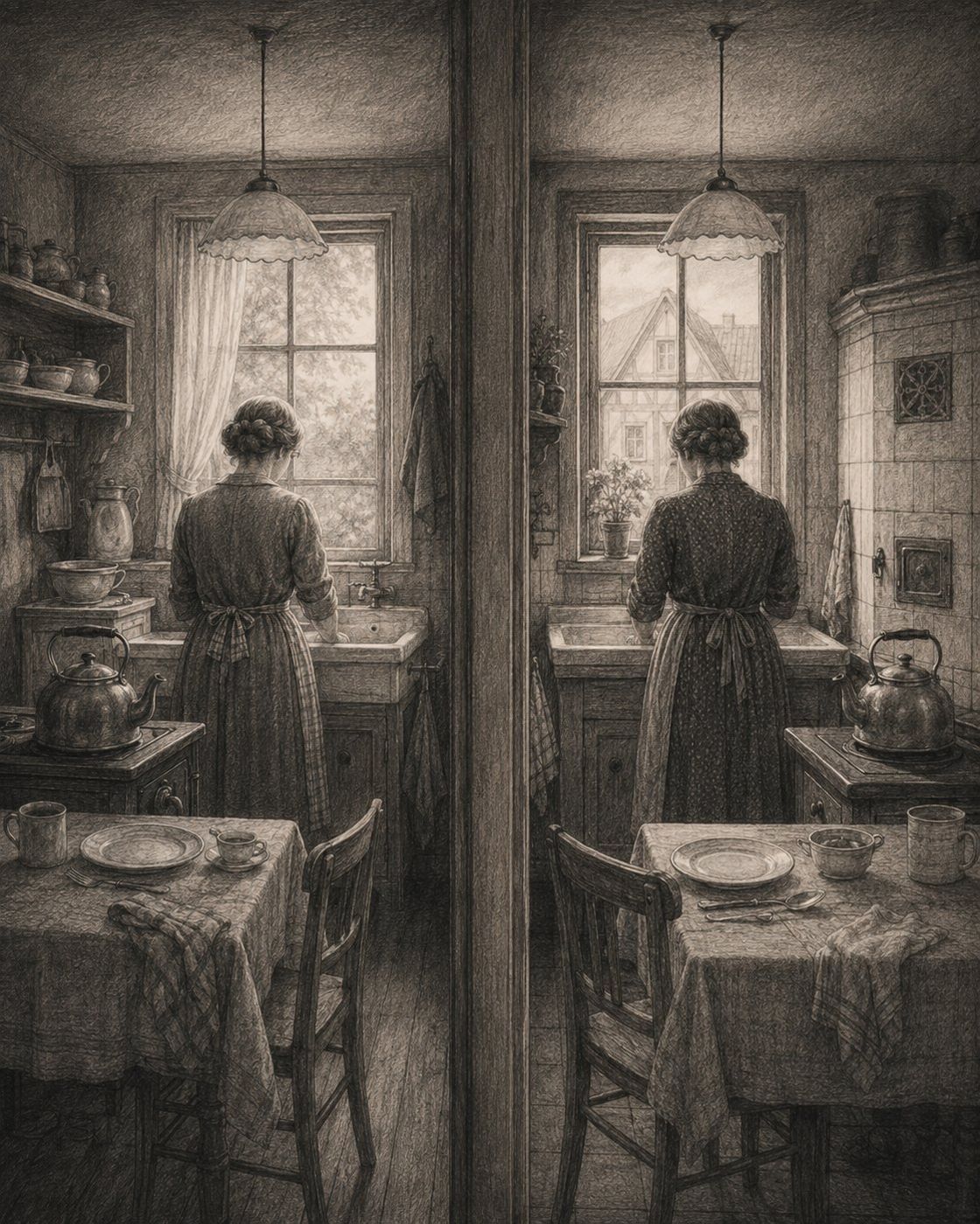 A charcoal illustration of a farewell at a garden gate.